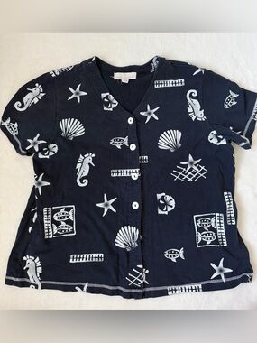 Sarah Bentley Nautical Seashell Seahorse Fish Button Front XL